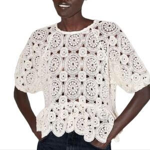 Zara Cream Crochet Short Sleeve Peplum Top